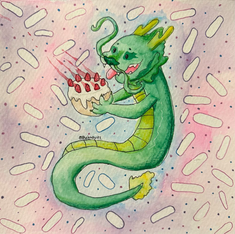 green dragon, vanilla cake, white frosting, strawberries, sprinkles covering background, pastel colors