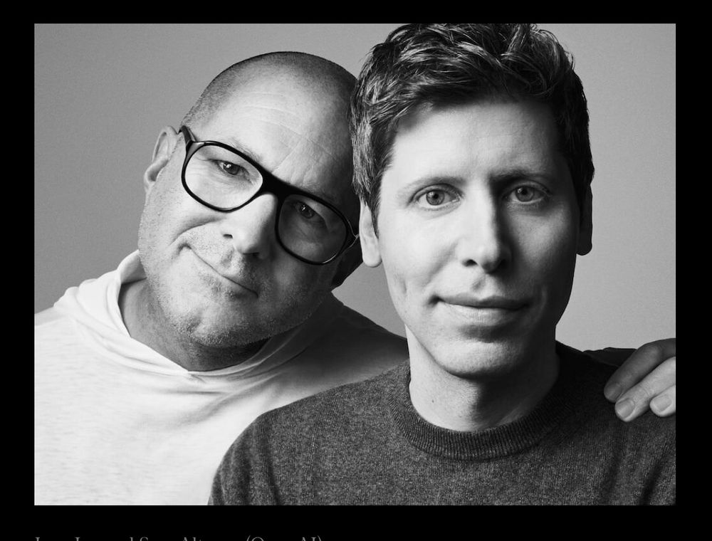 Recent photo shoot of Sam Altman and Jony Ive. In black and white. Jonny is behind Sam’s shoulder, head tilted looking at you like he’s presenting his loving nephew to you (for whatever ends) 