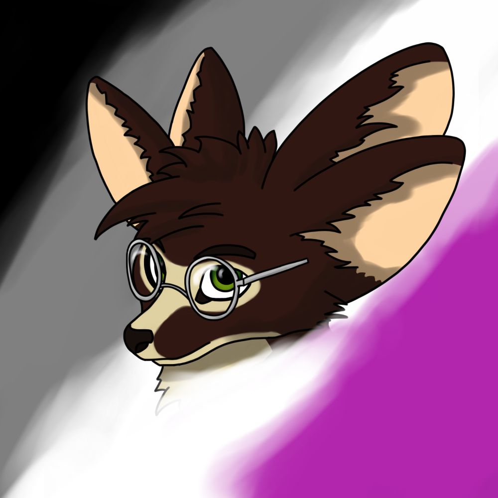 A four eared fox with round glasses emerges from a fog(?) coloured with the asexual pride flag