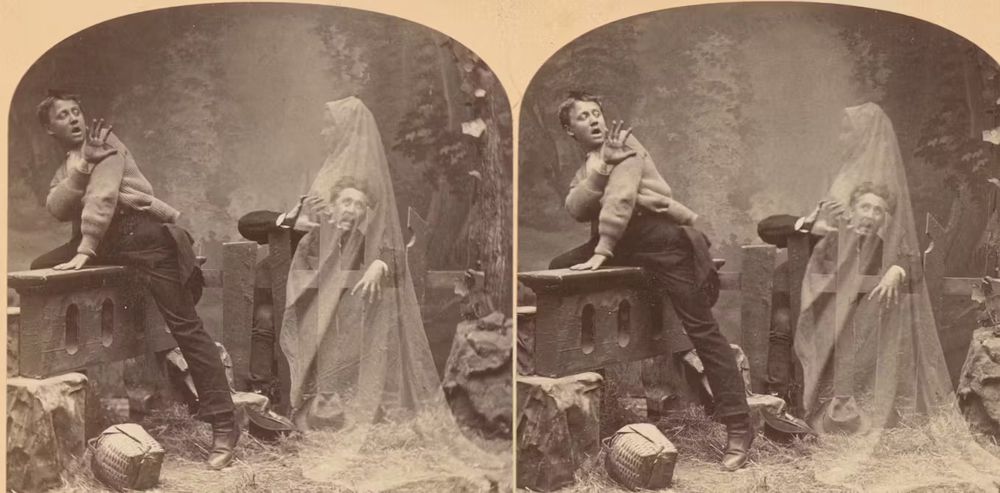 Two stereoscopic images of a shrouded ghost with horrified men reacting. 
