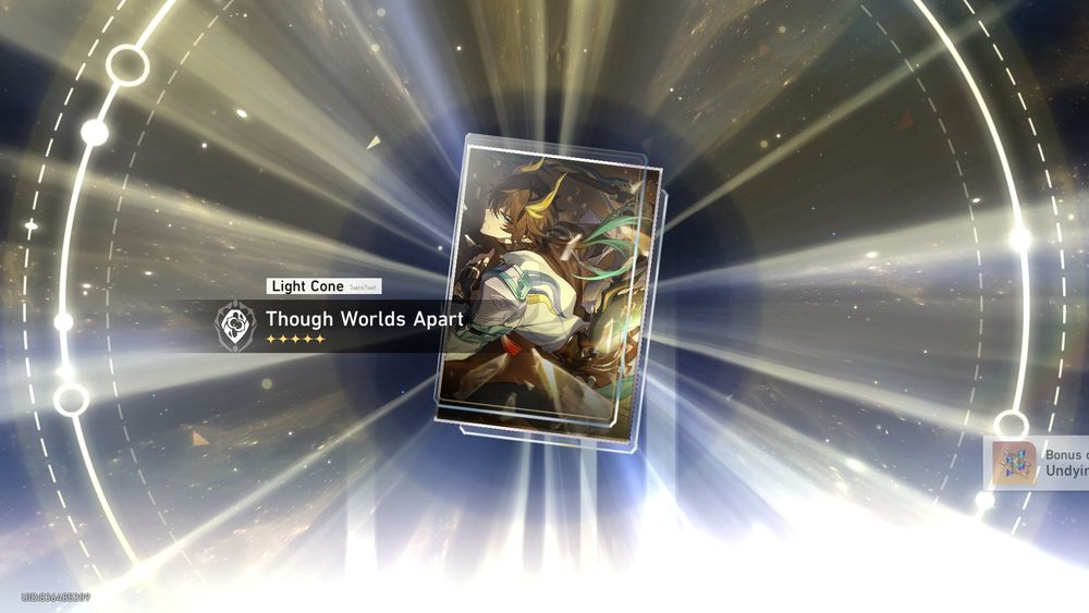 A card called Though Worlds Apart, showing a dark haired young man with golden horns on his head and a green tail looking longingly ahead.