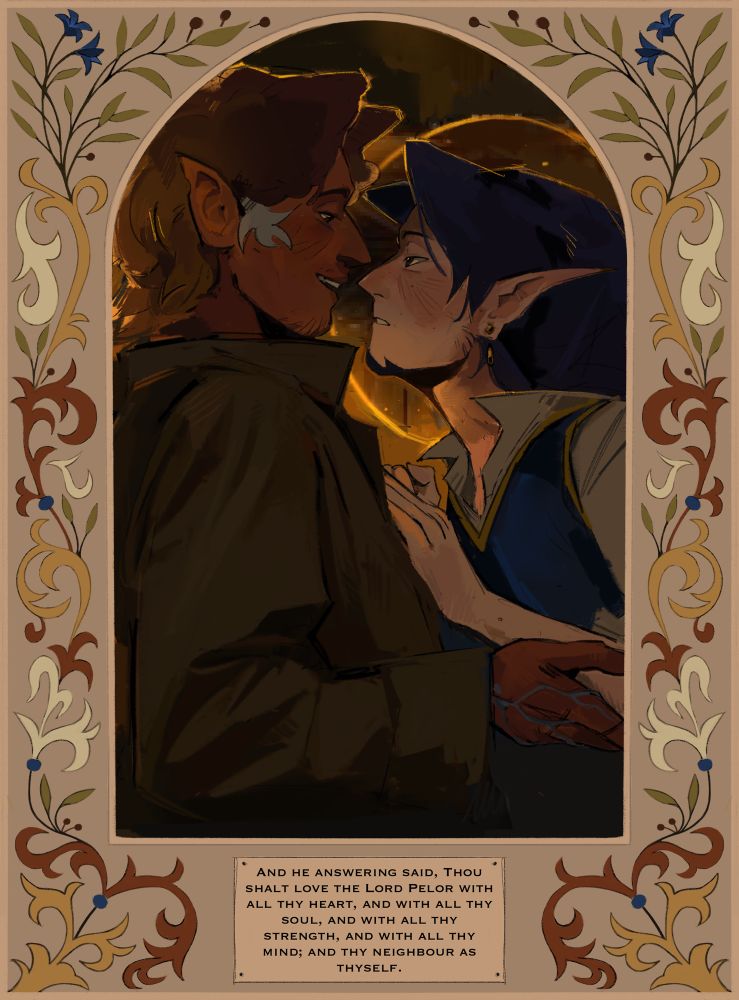 Two fantasy characters holding each other, a hobgoblin wearing a big dark coat and a high elf wearing a more elegant outfit with his sleeves rolled up. The hobgoblin is looking down at the elf with a grin while the elf looks up at him with a wanting look