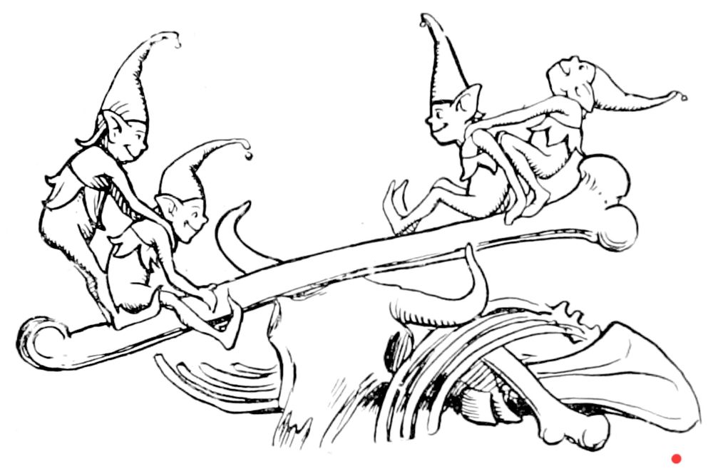 Photo is from "More English Fairy Tales," 1894. A black and white illustration of some little pixies in pointy hats playing on a cow skeleton. 