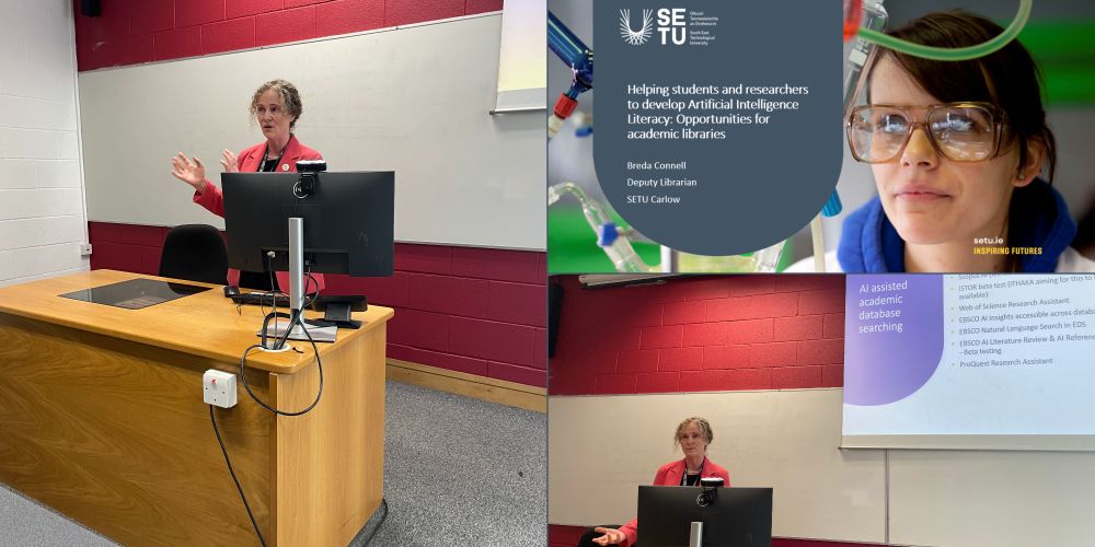 Photographs of SETU Deputy Librarian presenting at a conference
