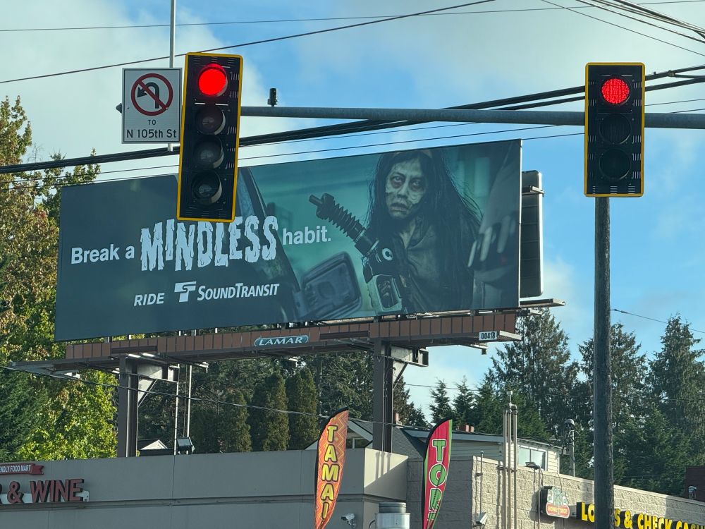 Break a mindless habit. Zombie with gas pump.