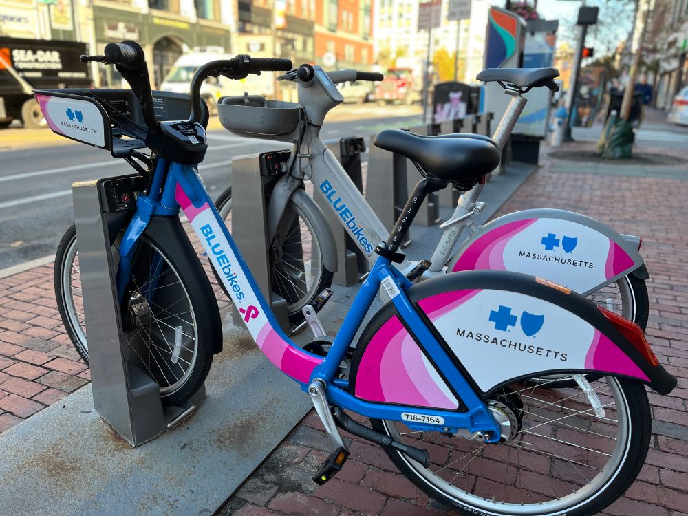 Bluebikes parked in a station and wrapped in “pink bike” decals 