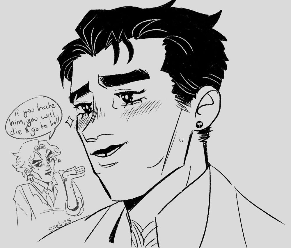 A black and white doodle of a bust of Jayce looking off to the side with big sparkly eyes and a bashful smile. There is a tiny Viktor behind him, gesturing to Jayce and saying ‘if you hate him, you will die and go to hell.’