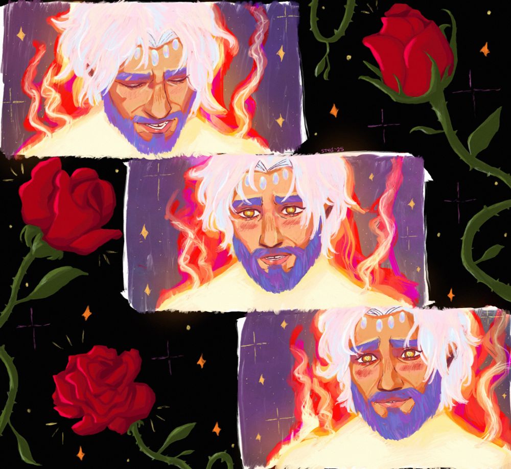Three panels that are redraws of Jayce during the ‘all I want is my partner back’ scene. He is radiant in warm colors, burning with love and adoration. Outside the panels are three roses: one is closed, the next is unfurling, and the last is in full bloom. 