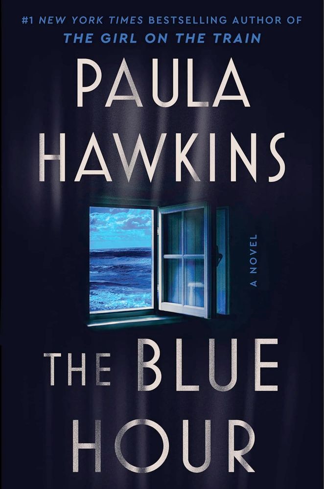 Cover of Paula Hawkins' novel The Blue Hour, a black cover with a window in the center, opened onto a scene of the sea.
