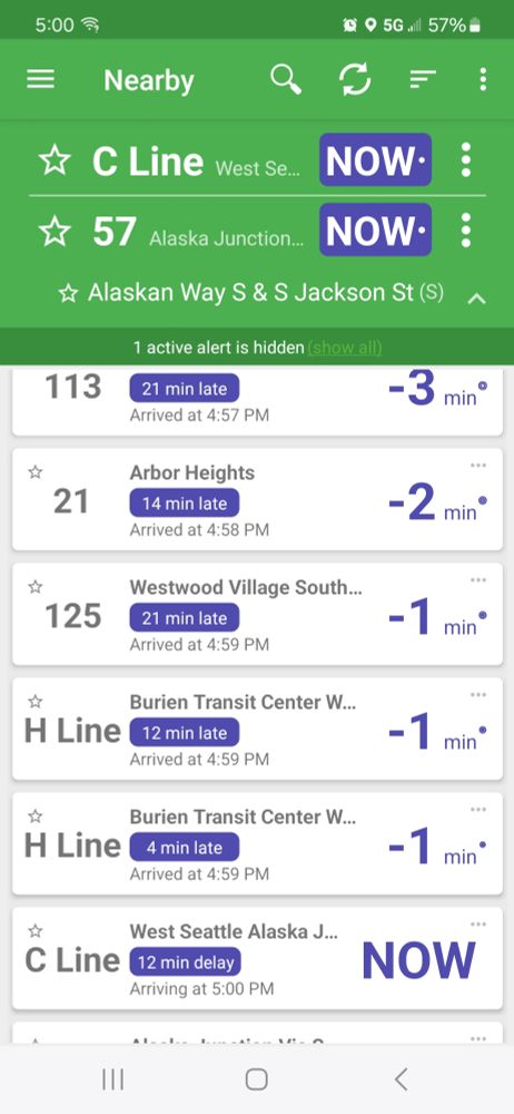 Screen shot from OneBusAway app showing most buses delayed 10 to 20 minutes.