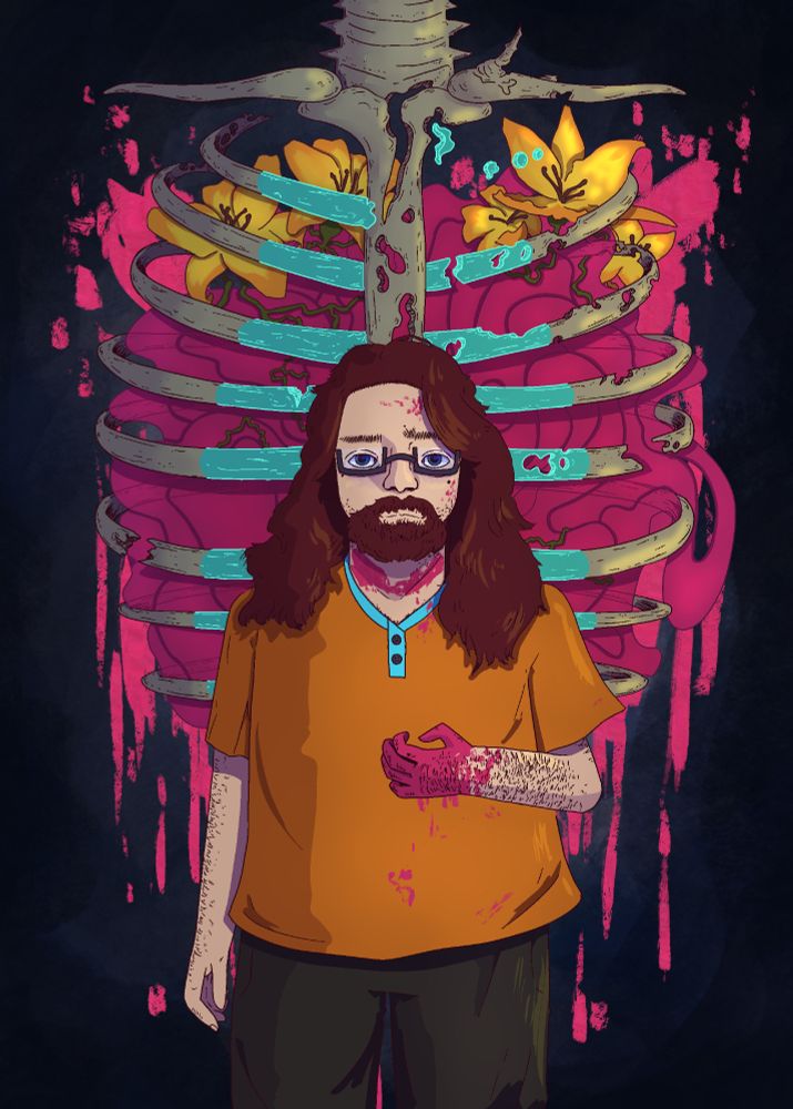 Features me in an orange shirt, left hand covered in bright red-pink. The same pigment is found in a few places, but more is found on the neck, like a handprint.
In the background is a ribcage with a lot of fragmentations, breakings and circular holes, with some of the bones even shifting to a phantomatic style. Inside of them is a tangle of flesh-like growth with the same color as the hand.
Growing near the top of the flesh are a few orange lilies.
All of that is set on a dark background featuring a few splashes of pink paint.