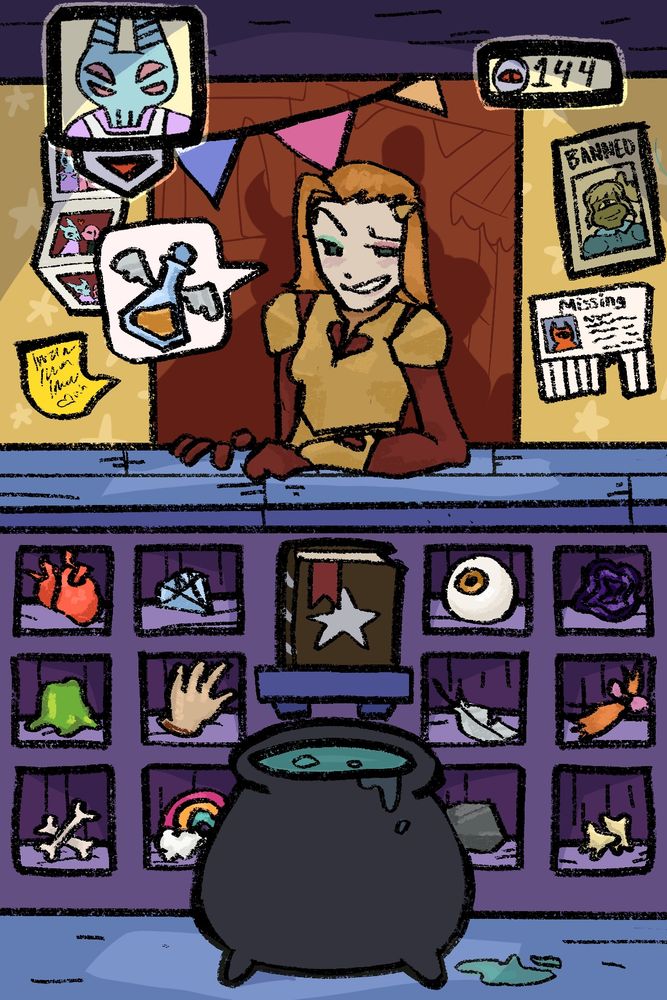 my oc emilee in the bleeding heart armor buying a invisibility potion from a vendor in the oscuria (monster owned black market)