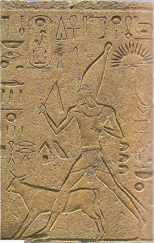 A relief depicting the female king Hatshepsut running during the Sed festival, taken from her ‘Red Chapel’ at the Karnak temple complex. She is running alongside the sacred Apis bull, an embodiment of the god Ptah.