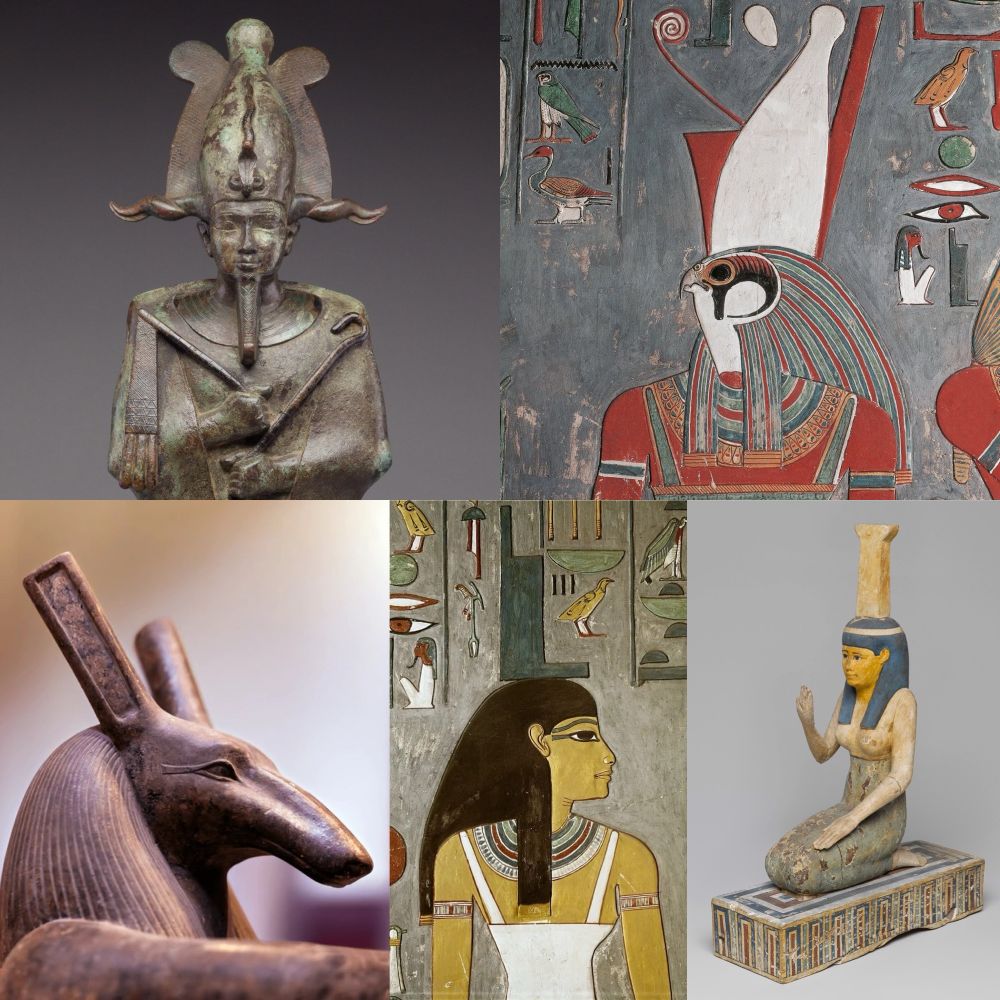 Images of the gods Osiris (top left), Horus (top right), and Seth (bottom left), and the goddesses Isis (bottom middle) and Nephthys (bottom right)