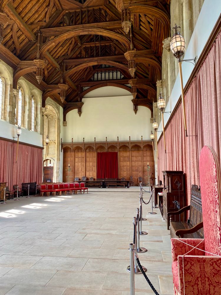 The great hall at Eltham Palace. The original was built by Edward IV in the late 1470s; the Courtaulds restored it when they did their art deco revamp of the palace.