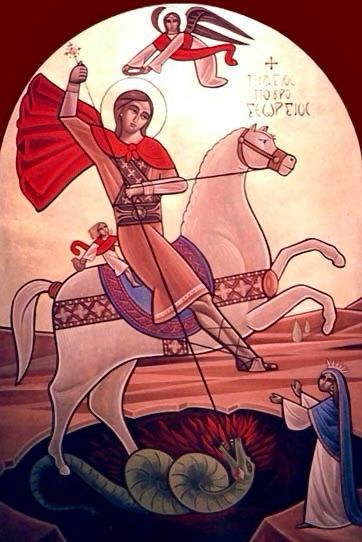 Coptic icon depicting St George riding a white horse. Beneath the feet of the horse is a dragon into whose mouth St George drives a spear or lance.