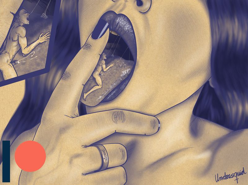 A woman has placed a tiny man on her tongue, and with a single digit far longer than his body is tall, is forcing him to thrust against the textured surface of her meaty organ. His exertion shows a smidge of a payload, barely discernible mixed with the shine of saliva coating her tongue. The tiny man is screaming as she continues to stimulate him past the point of pleasure and endurance. The drawing is mine, blue ink on paper and digital. No AI. The woman is wearing a ring with a word on the Dark Speech of Mordor. I give you one guess what it means. :D