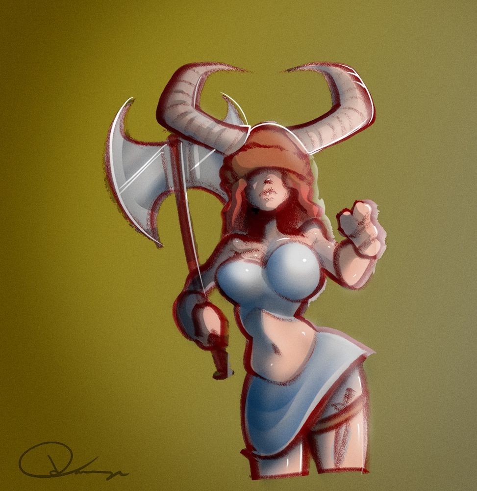 a drawing by EggSlug of a Viking woman holding a battle axe. She is wearing a furry hat with large horns attached to it and a sleek, skimpy two-piece set of grey armor.