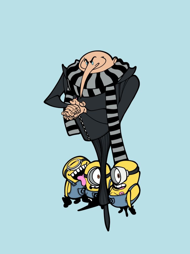 digital drawing of gru towering over some silly looking minions 