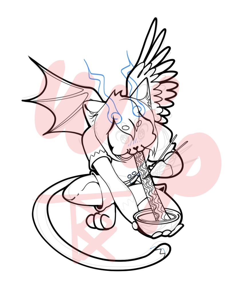 A cat character with wings eagerly slurps on their ramen noodles