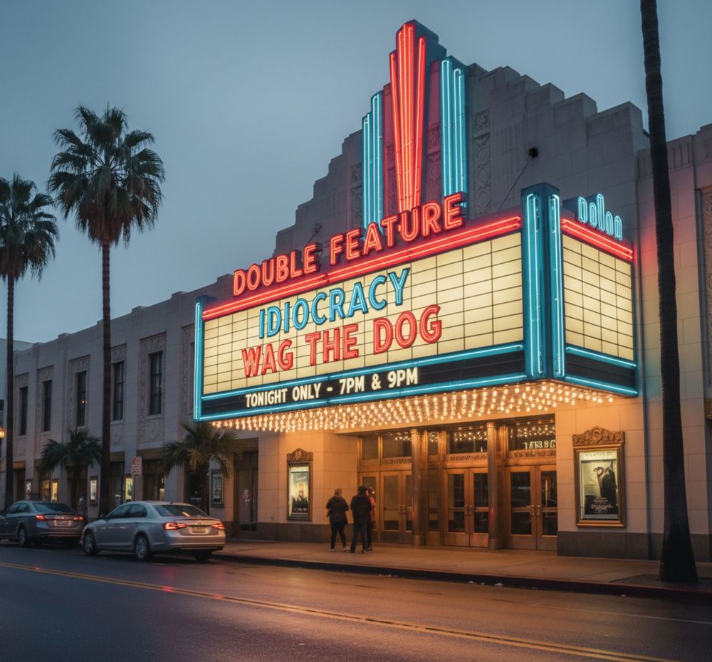 Movie theater with marquee that reads:
Double Feature
Idiocracy
Wag the Dog