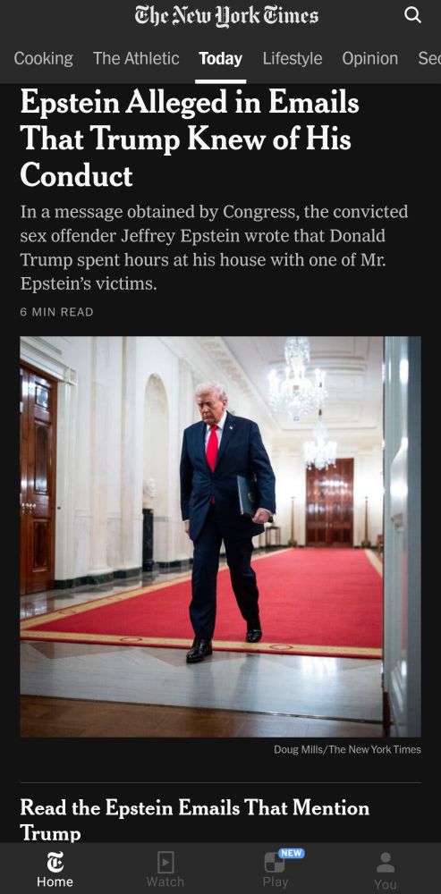 NYT top of page article on Trump and Epstein:
Epstein alleged in emails that Trump knew of his conduct