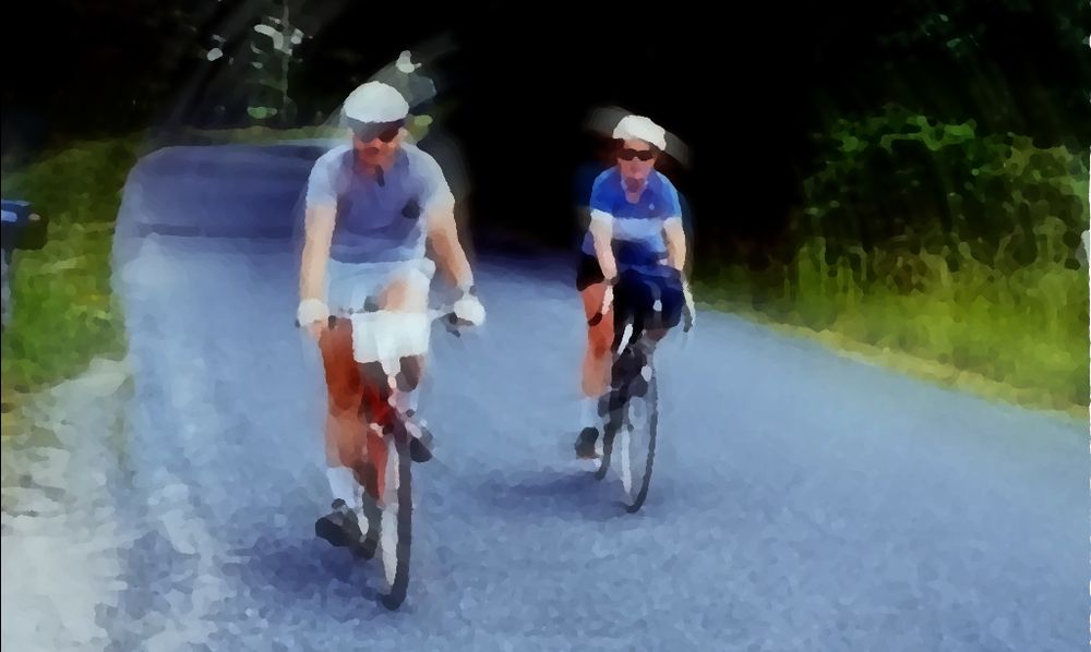 Two cyclists on an Eastern Shore backroad.