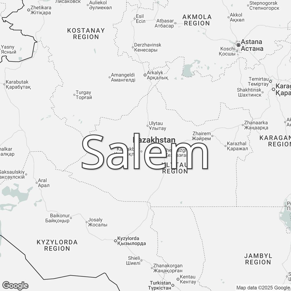Map of Kazakhstan overlaid with a translation of the word "hello": Salem.