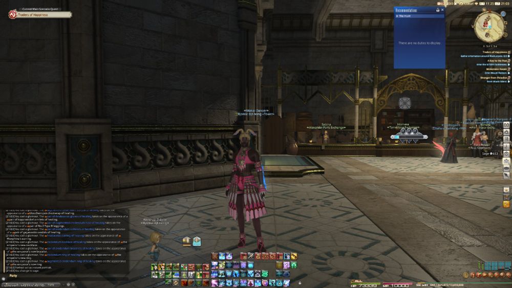 A screenshot from Final Fantasy XIV, showing Bjonse Djt-nong in their Sage glam, standing inside Rowena's Center for Cultural Promotion in Idyllshire. They're wielding a set of Bluespirit Wings.