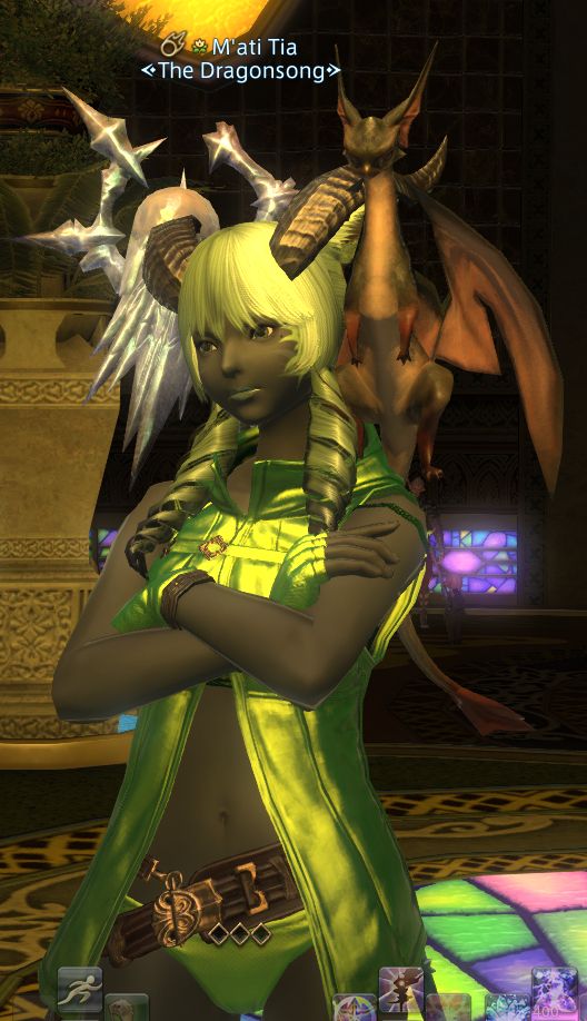 A screenshot from Final Fantasy XIV Online, depicting M'ati Tia (Miqo'te Black Mage at the time; now a Hrothgar) in the Gold Saucer with the Midgardsormr minion on her shoulder. Her title is The Dragonsong.