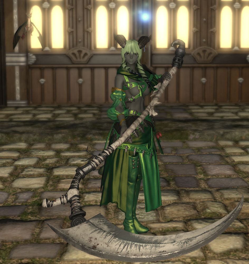 A screenshot from Final Fantasy XIV Online depicting M'ati Tia (Miqo'te Reaper, now a Hrothgar) in front of her Lavender Beds Apartment Building. Her Midgardsormr minion hovers in the background.