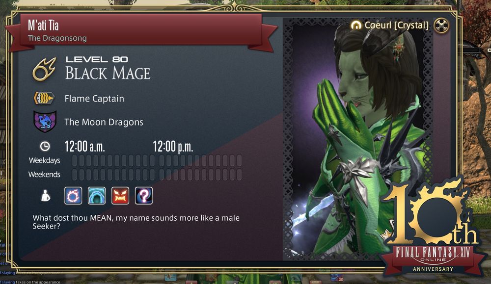 M'ati's current Adventurer Plate, displaying her as a Black Mage and with her irreverent search comment, "What dost thou MEAN, my name sounds more like a male Seeker?"