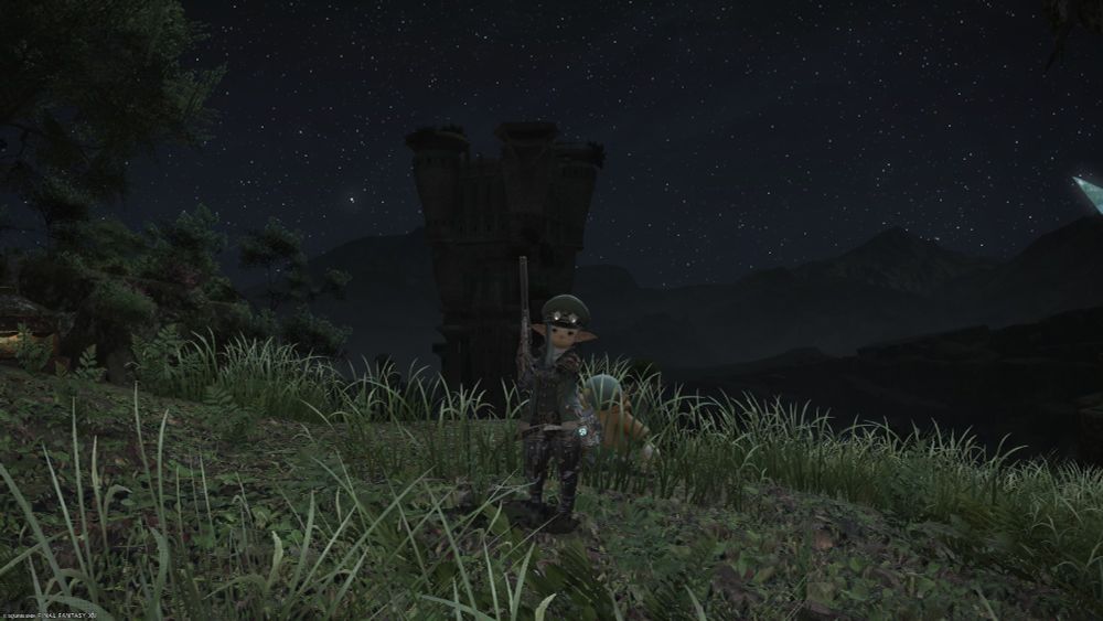 A Screenshot from Final Fantasy XIV showing Lakiki Laki in her Machinist glam, consisting of a Neo-Ishgardian Cap of Aiming and Diadochos Jacket of Aiming, both in Nophica Green; and Late Allagan Gloves, Bottoms, and Sollerets of Aiming plus the Revolver of the Wanderer, all in Bark Brown. She stands in Outer La Noscea with the Wanderer's Palace visible in the background.

This glam is based on https://ffxiv.eorzeacollection.com/glamour/220855/magitek-lieutenant but swaps the AR-Caean Velvet Cap for the Neo-Ishgardian, as it was available at a lower level and shares a model with it but has no appreciable dye changes.