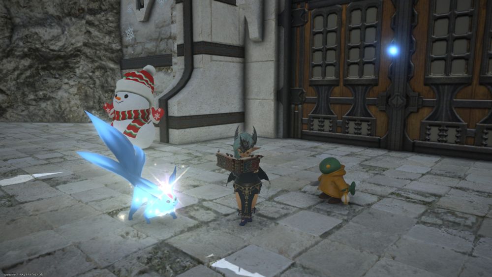 A screenshot from Final Fantasy XIV, showing Lakiki Laki in her Summoner glam which (currently) consists of an undyed Virtu Caller's Horn, Ink Blue Republican Signifer's Chiton, Scylla's Gloves of Casting, Dark Purple Caller's Loincloth, and Royal Blue Salon Server's Shoes, wielding a Nymian Royal Marine Index. Her Carbuncle and Wind-Up Tonberry flank her, and she is standing outside the Topmast Apartments in Mist.

This glam is based on https://ffxiv.eorzeacollection.com/glamour/238269/statices-trance but replacing the Theogonic Robe of Casting from the final Endwalker Alliance Raid with a piece that can be acquired via PVP currency much earlier, and missing the wings.