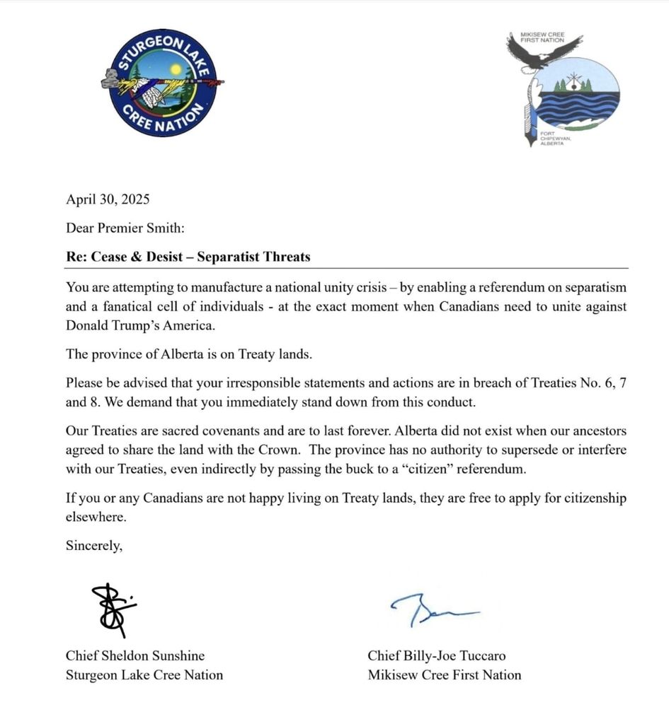 Letter from Chief Sheldon Sunshine and Chief Billy-Joe Tuccaro to Premier Smith