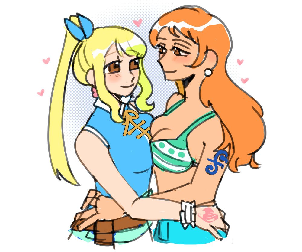 Lucy from Fairy Tail and Nami from One Piece holding each other intimately while looking at each other's eyes 