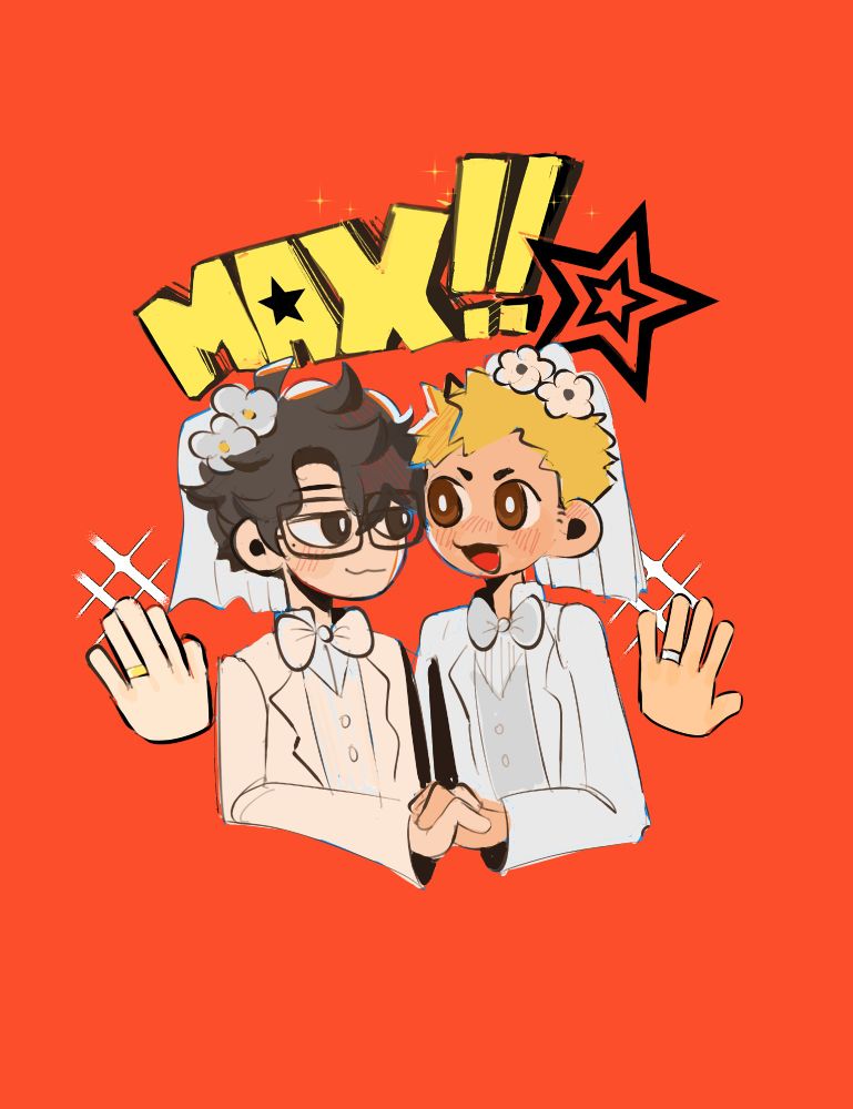 This is a piece that is meant to look like Persona 5 Tactica's style. In that game, Ryuji and Ren can get married in his dreams and thus I drew them together getting married with the words: MAX!! on top to symbolize they maxed out their relationship. They're holding hands in suits with a bridal veil. Both of them have a ring on their left finger. Ren has a golden ring, while Ryuji has a silver ring representing each other. 