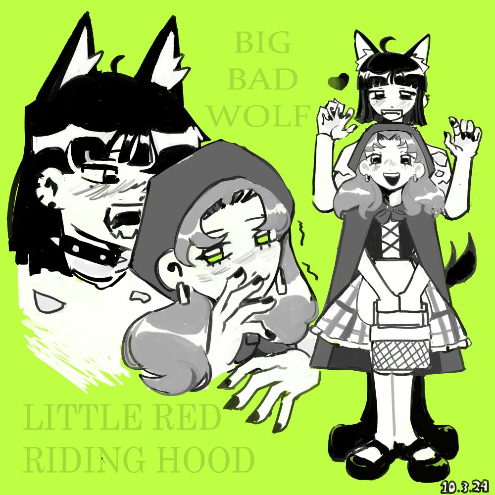 Pictured is the famous picture green yuri, "The Guy I Was Interested In Wasn't a Guy at All." Mitsuki (the black hair girl) is dressed as a wolf with ears and a tail with a collar and tattered clothes while Aya is wearing an outfit like little red riding hood. There is text accompanying this image reading "BIG BAD WOLF" and "LITTLE RED RIDING HOOD" to showcase their outfits. On the right, Mitsuki stands behind Aya in a stance to indicate intimidation with her claws out, though she's not very good at it. Aya is in front of her looking really elated at the situation holding her little basket. On the left is pictured a bust up image of the couple as Mitsuki pretends to eat Aya up really embarrassingly. Aya is shaking in excitement or trying to hold her laughter; it can be interpreted as either or. They're so cutesy. 
This is my personal prediction on their costumes this year maybe. I'm just silly though eheh.