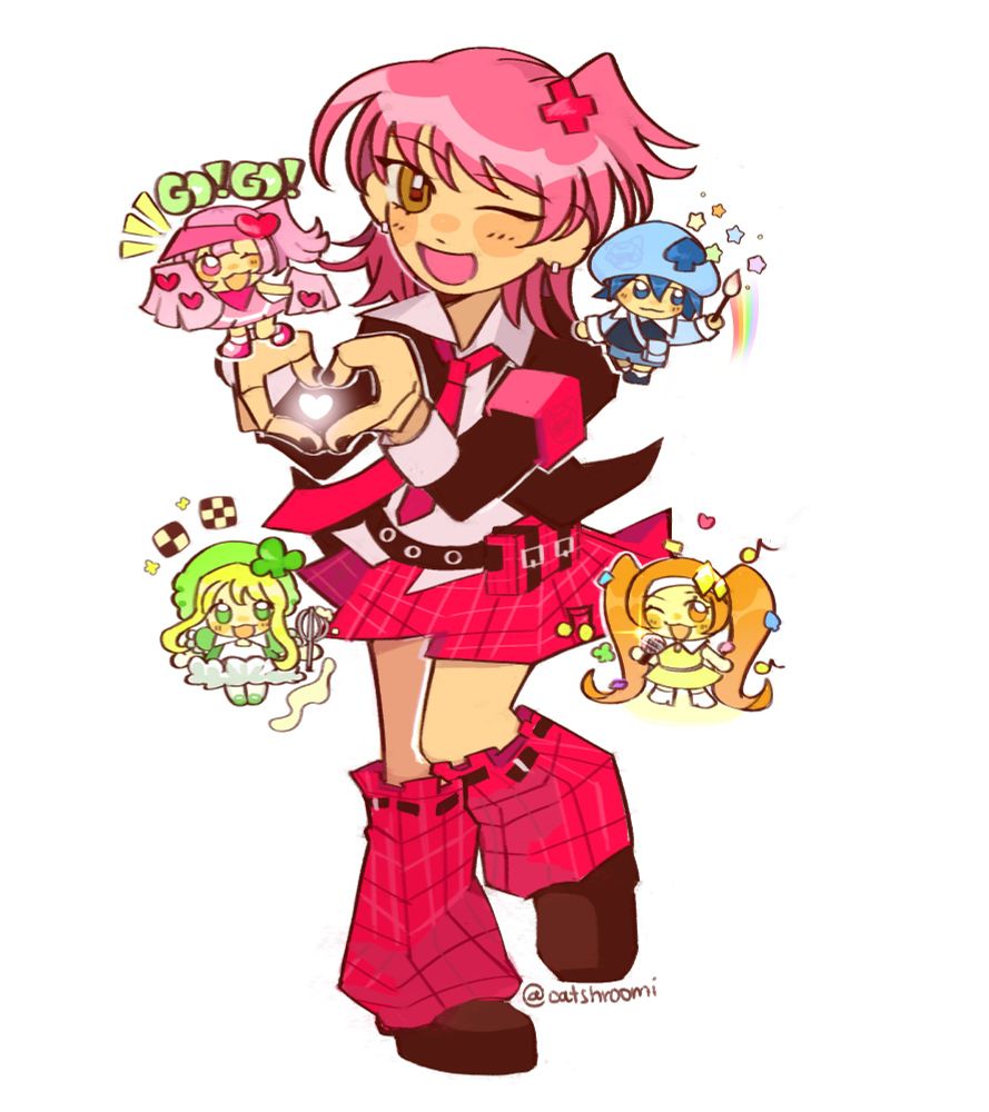 Full body of Amu from the Shugo Chara series. This is my childhood magical girl anime. I feel like everyone had atleast one in their life if they enjoy the shoujo genre, even if not totally into magical girls.
Amu is posed with one leg up and winking as her hands form a heart shape in reference to her "OPEN HEART" catch phrase where she uses her heart amulet to use her powers to cleanse tainted eggs. Eggs are representative of a child's soul and their desires while growing up for their future. With Amu are her little egg guardians: Ran, Miki, Su, and Dia. Ran is the pink cheerleader with the heart motif saying "GO! GO!" usually in support of Amu's ambitions. Miki is the blue artist with the club motif to the right with a paintbrush and stars floating around her. To the bottom left is Su, who is a little green, club motif chef holding a whisk with batter on it. There are cookies floating above her as well. To the bottom right is Dia, who is a yellow diamond motif idol. She has confetti and musical notes surrounding her. All of these guardians represent Amu's "would-be self" or rather what Amu can aspire to be as long as she believes in herself. 