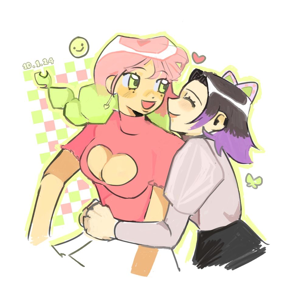 Mitsuri and Shinobu from Demon Slayer clinging onto one another. This is a redraw I've been doing every 3 years and they're the first yuri ship I've drawn fanart of besides my own ocs... They're very special to me in fact.