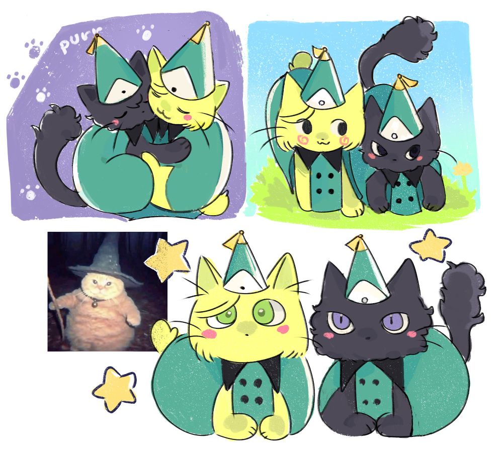 A series of varying cats that strongly resemble Coco and Agott from Witch Hat Atelier accompanied by a little image of a witch cat. In the top left corner, there are huddling together for warmth in a purple background with little paw prints. Little text reading "purr" is next to them. To the top right corner, these two kitties are walking together to the right; Agott walking more cautiously than Coco who looks happy to be with Agott. In the bottom, Coco is staring with her big eyes while Agott is also just staring less beady eyed than Coco.