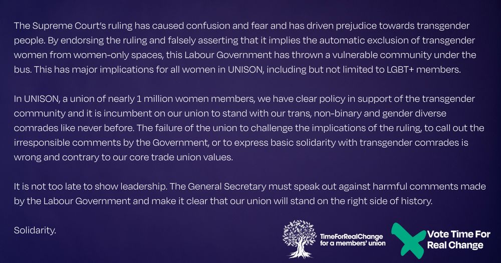 Time for Real Change's statement on the Supreme Court ruling and why UNISON must stand in solidarity with the trans community. 