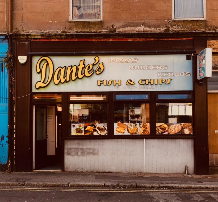Street view of ‘Dante’s’ fish & chip shop frontage.
