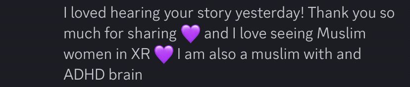 A chat screenshot expressing love of seeing fellow women in xr with adhd