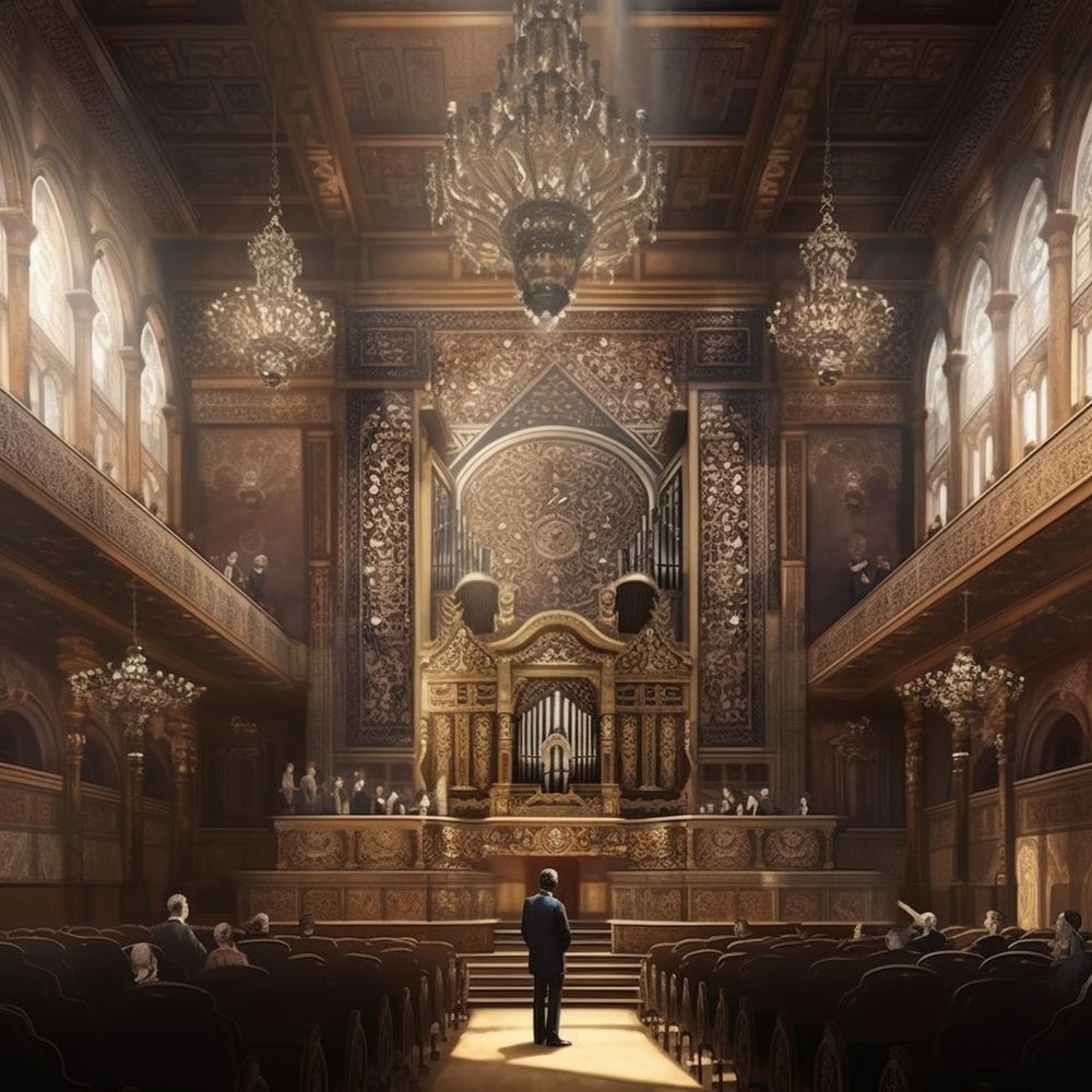 prompt: man giving a talk on the stage of a intricately decorated synagogue, photorealistic --v 5.1