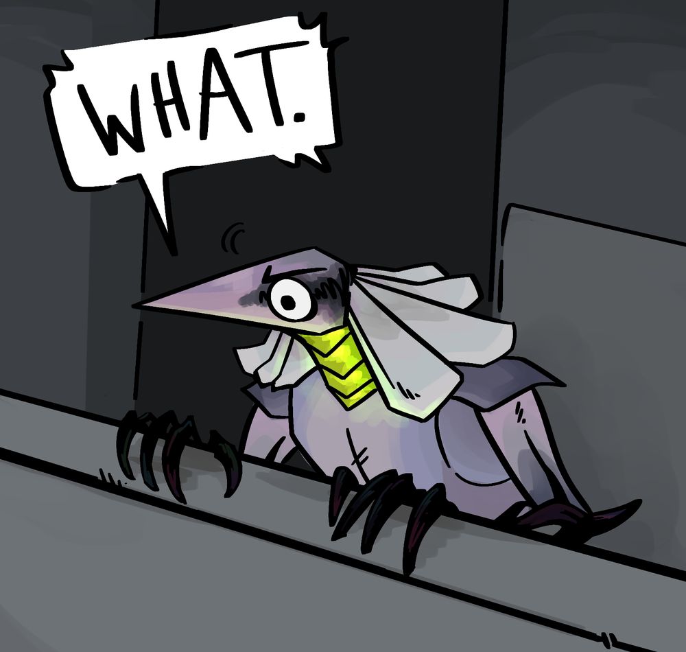 Cartoony doodle of Archon (alive form) leaning over a balcony, upset. The speech bubble says "WHAT."