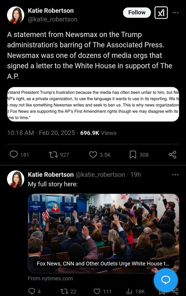 A statement from Newsmax on the Trump administration's barring of The Associated Press. Newsmax was one of dozens of media orgs that signed a letter to the White House in support of The Α.Ρ