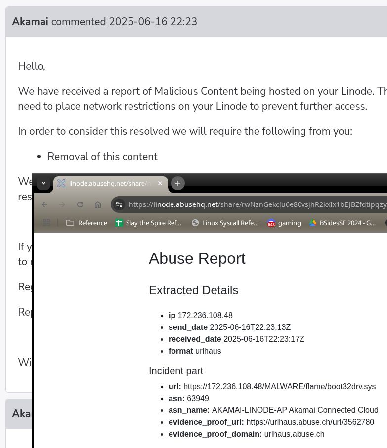 An Akamai abuse report for hosting "boot32drv.sys", associated with the Flame malware from the dark ages