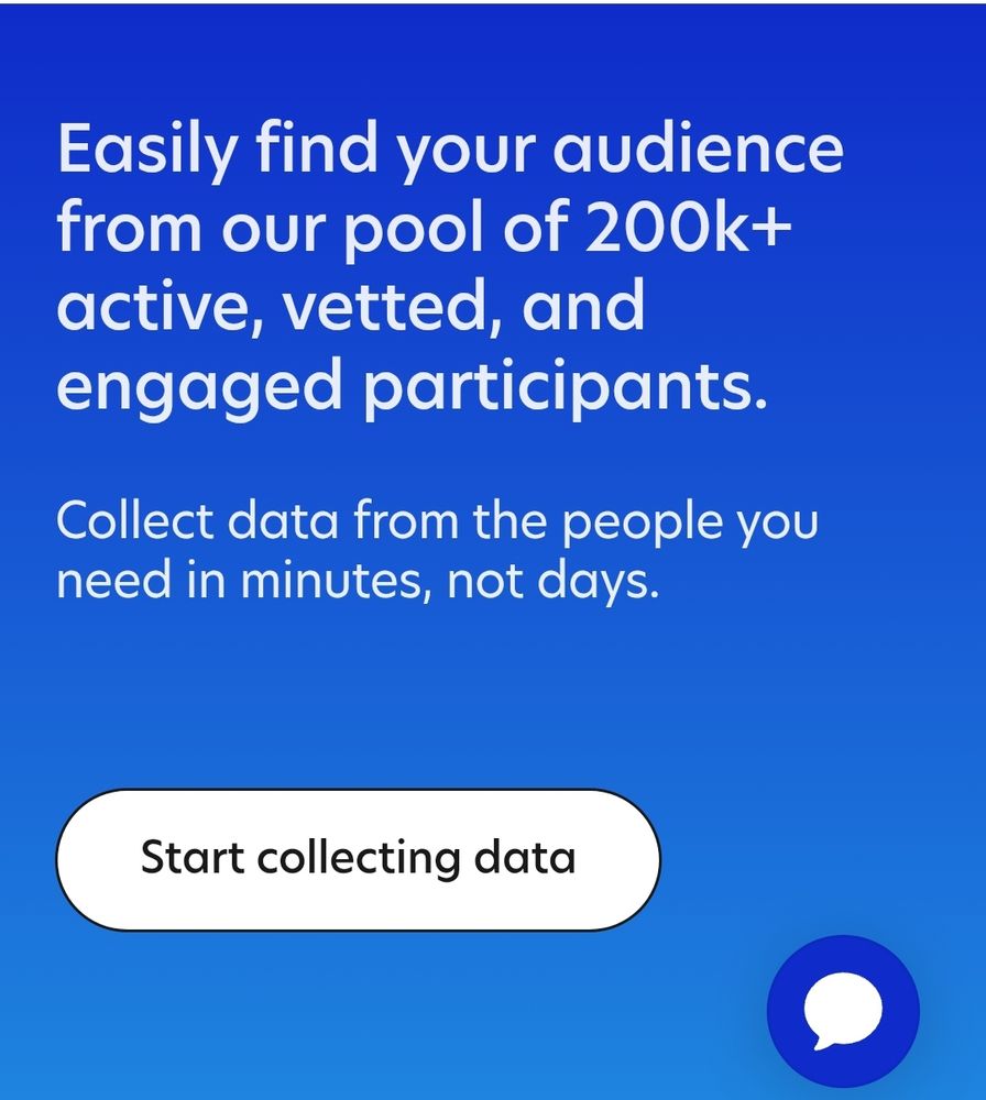 Screen capture of the front page of Prolific.co where it says "Easily find your audience from our pool of 200k+ active, vetted, and engaged participants." New lime "collect data from the people you need in minutes, not days." There is a button below this text which says "Start collecting data"