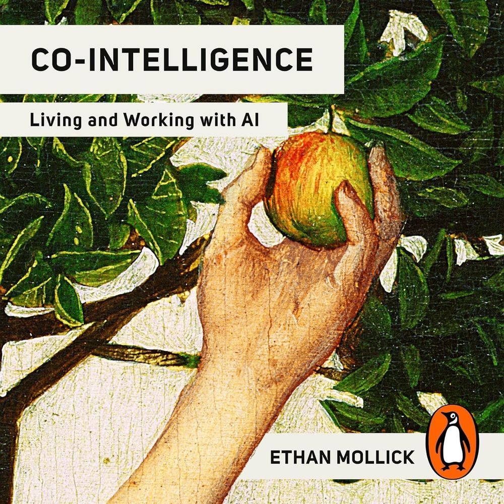 Book cover of Co-Intelligence: a hand holding an apple against a backdrop of trees